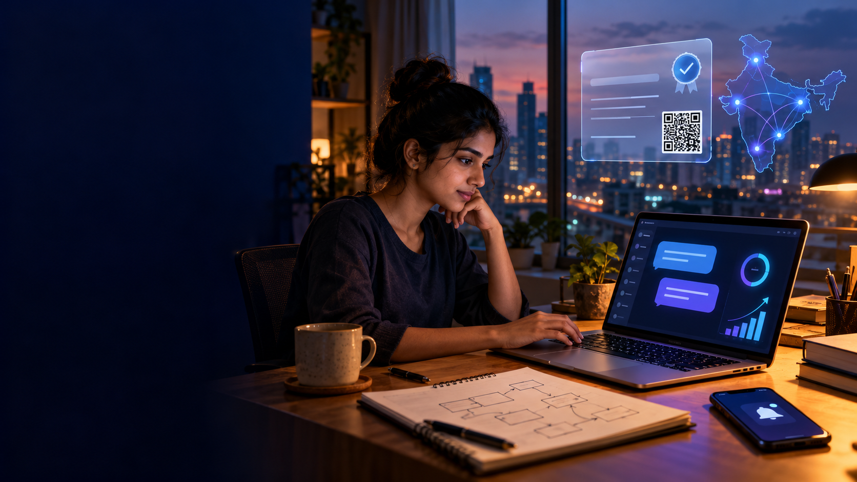 A student chats live with a mock client on a laptop, with a rising skill score, a QR-verified certificate and a map of connected cities and institutions across India.